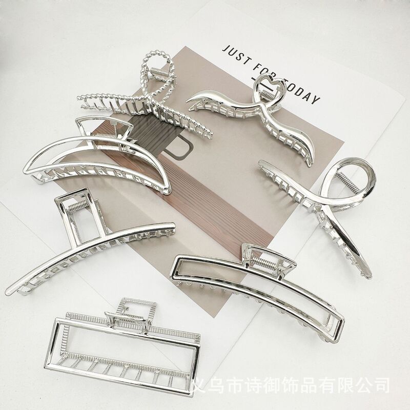 Large Silver Metal Hair Clip for Thick Hair, Geometric Hair Claw Clip, Hair Accessory, Korean Shark Clip