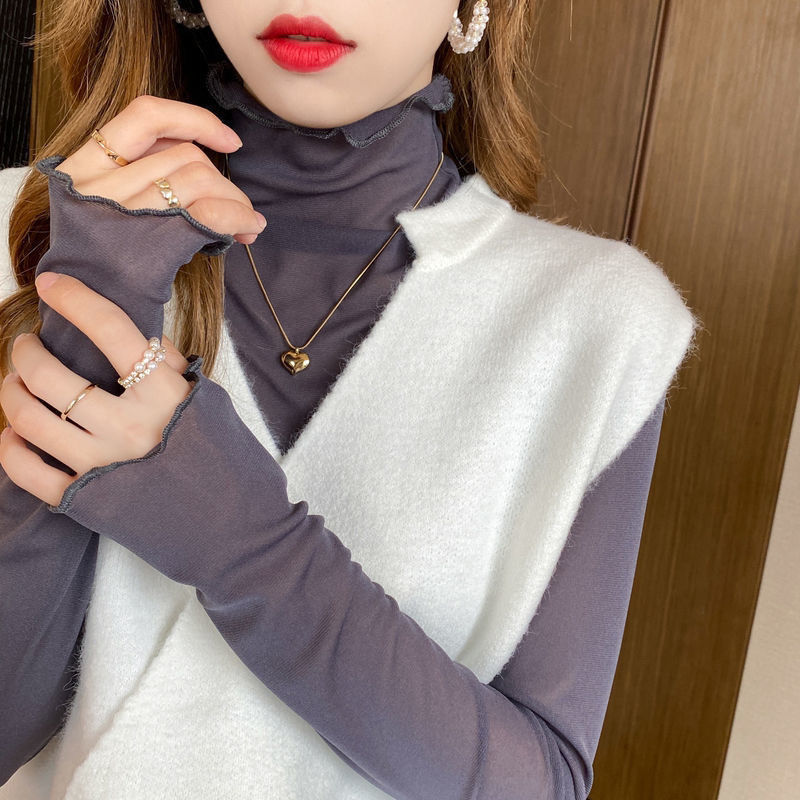 High Collar Lace Base Shirt Early Autumn Women's 2022 New Stylish Inner Shirt with Yarn Ear Mesh Top