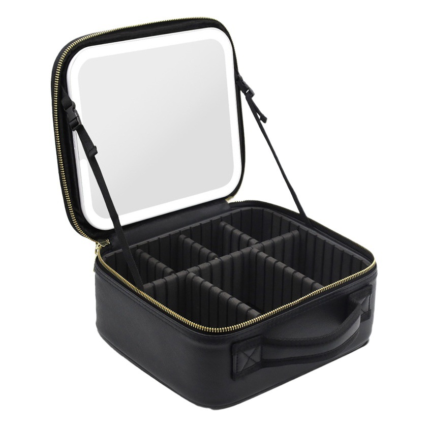 En stock bolsa de cosméticos de gran capacidad con espejo y luz LED extraíble espejo magnético caja de almacenamiento de cosméticos bolsa