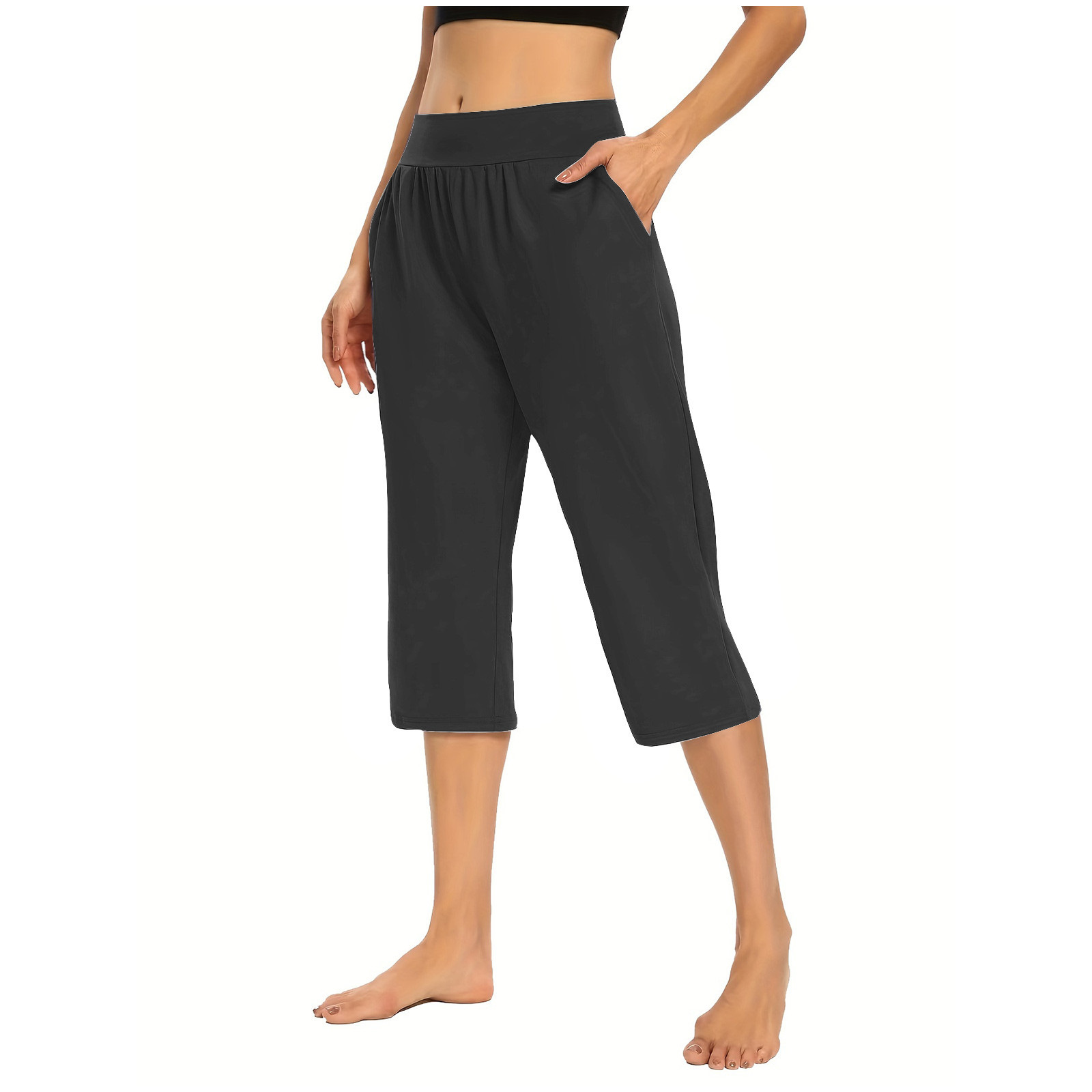 2024 Women's Solid Color Simple Loose Elastic Pocket Sports Casual Cropped Pants Large in stock