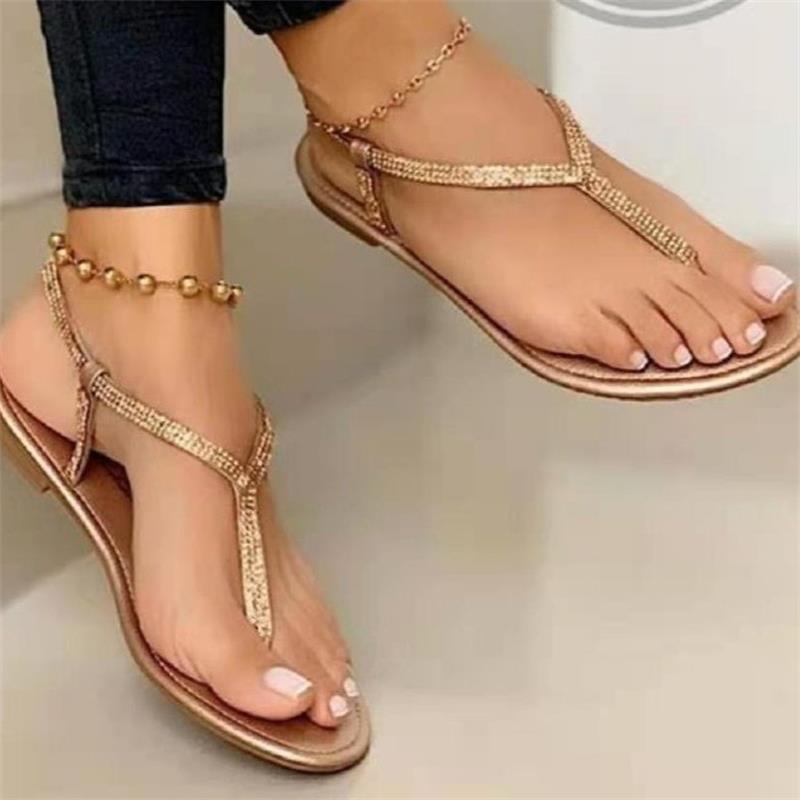 Aliexpress women's flip-toe flat sandals, low-heeled rhinestone one-button comfortable and sexy women's shoes, export one-piece consignment details Picture