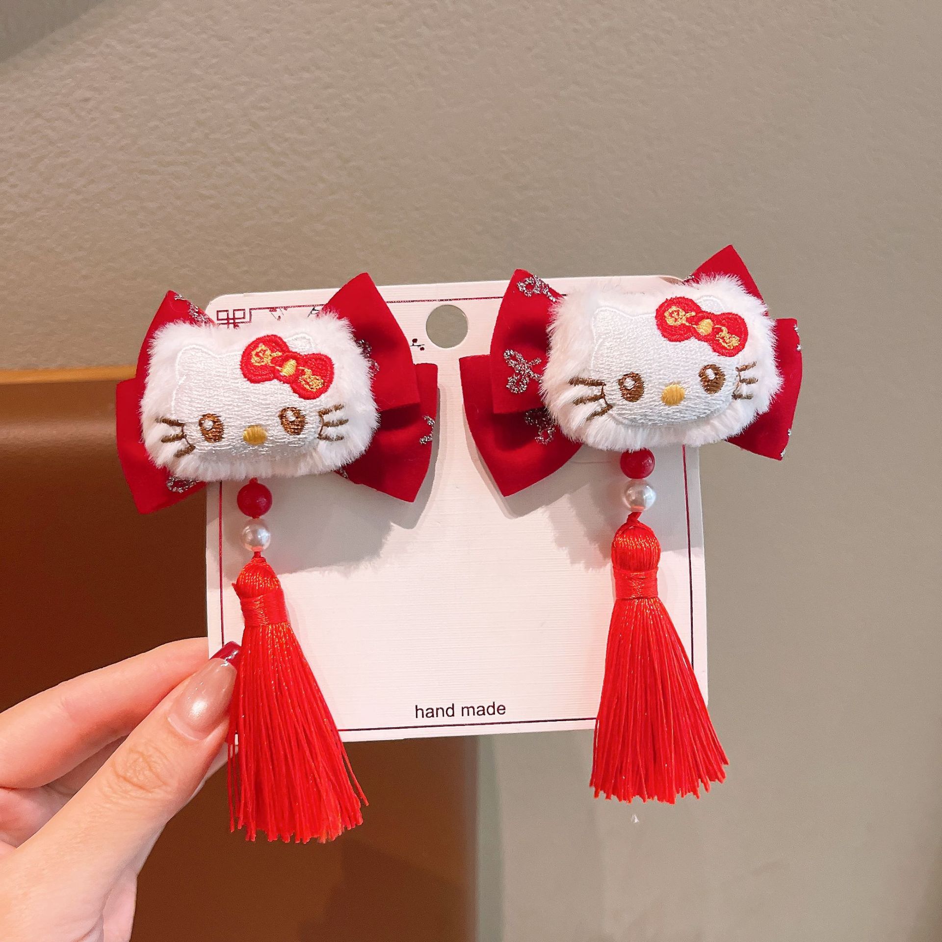 Año Nuevo gran arco festivo rojo para niños adornos de cabello dulce lindo gato gato niñita tocado clips frangea