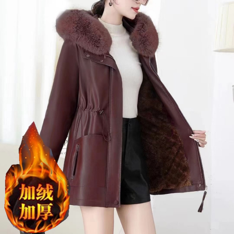 Hooded Fur Collar Leather Jacket for Women, Mid-Length Casual Autumn and Winter Slimming Look Fleece-Lined and Thickeneded, Large Size, Loose and Trendy