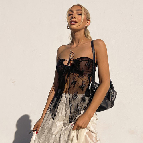 XY22169 lace tube top see-through cardigan top  spring new fashion sexy hot girl short vest