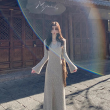 针织新款连衣裙秋冬喇叭2025毛衣长裙女气质收腰显瘦打底裙子