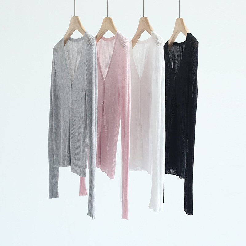 Spring and Summer Dipped Feel Great Praise Flash Tencel V-Neck Thin Long-Sleeved Knitted Cardigan Solid Color Slim-Fit Slim Jacket Top