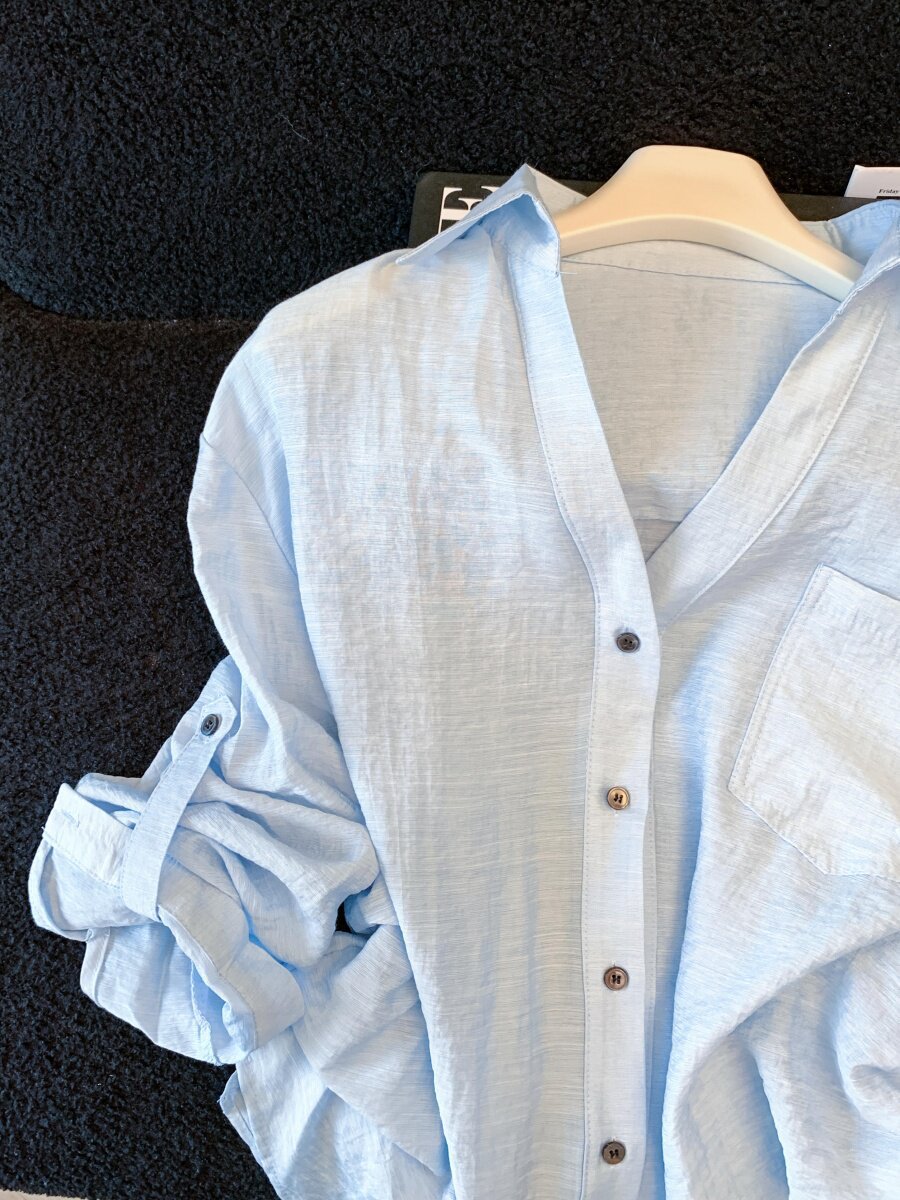 Áo sơ mi chống nắng nữ dài tay dáng rộng chất liệu linen thoáng mát — xanh lam chi tiết 13