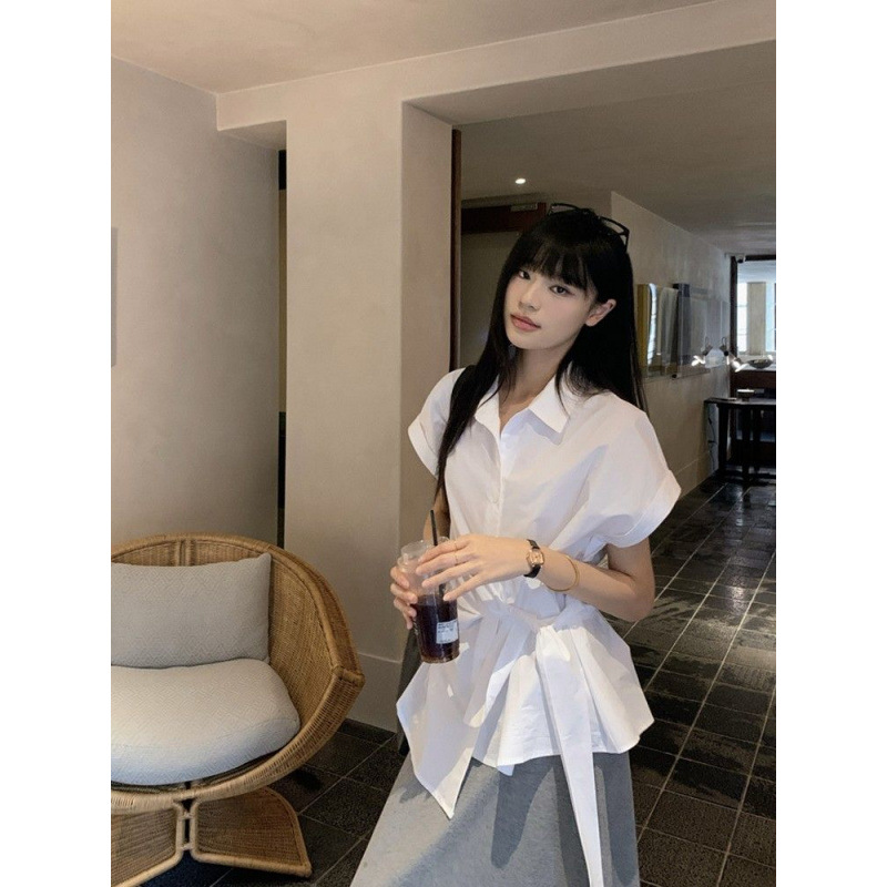 韩系翻领白色短袖衬衫女夏季新款设计感小众绑带收腰显瘦休闲上衣