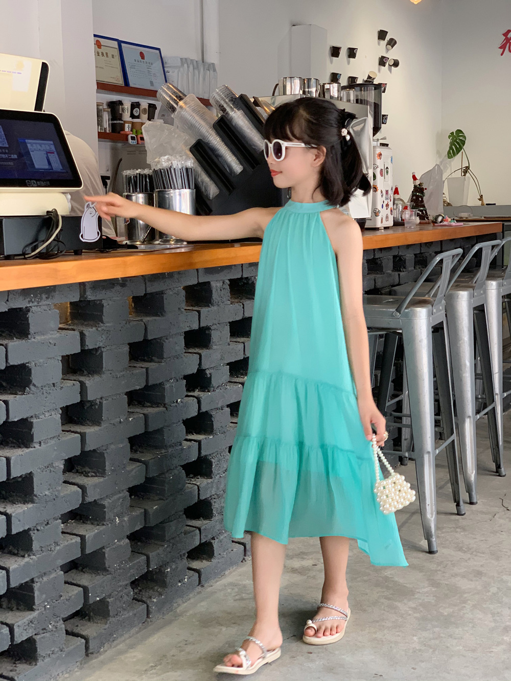 2024 summer new parent-child mother and daughter French mint green hanging neck dress Sanya beach vacation