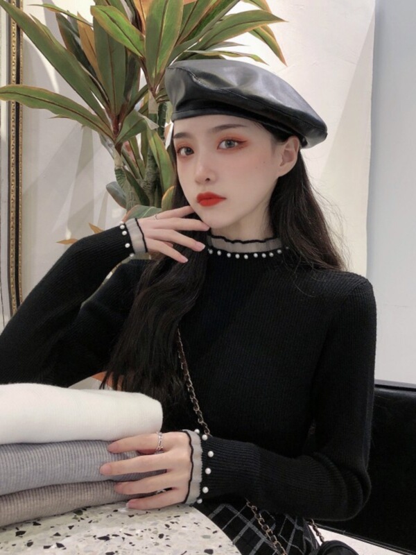 包芯纱面料 半高领打底衫女秋冬设计感小众洋气内搭钉珠针织上衣|undefined