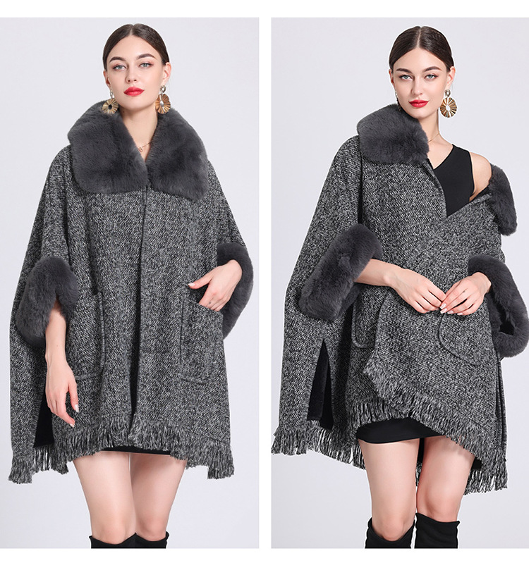 Mantella in pile extra spesso con collo in pelliccia, ampia e larga taglia, cardigan lavorato a maglia per donna_voghion.com