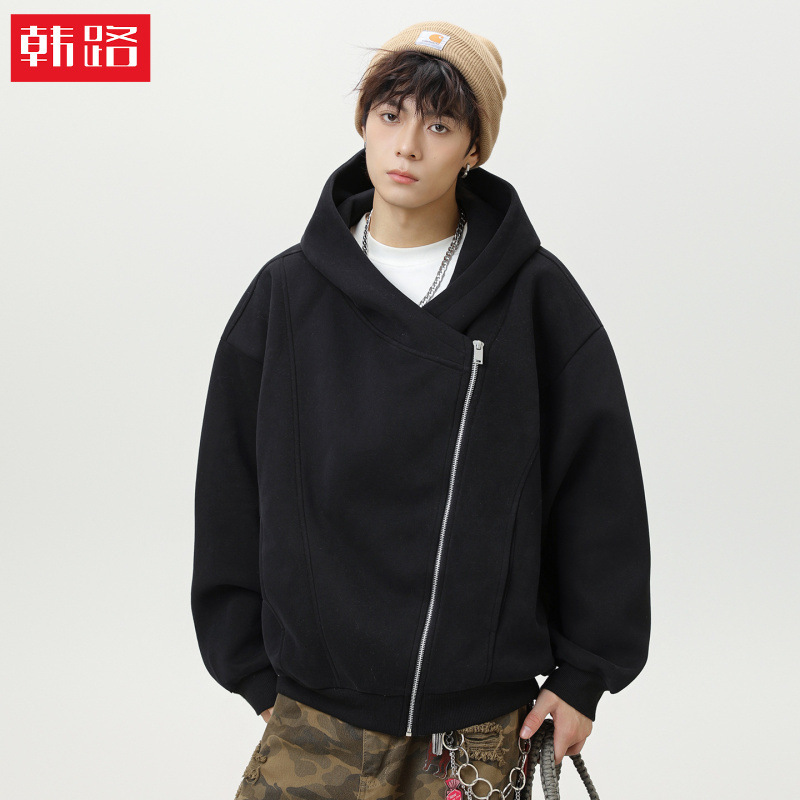 Diagonal Zipper Cardigan Hooded Sweatshirt Autumn and Winter Heavy Texture American Style Short Wide Silhouette Jacket Trendy Brand Loose Coat Q Diagonal Zipper Cardigan Hooded Sweatshirt Autumn and Winter Heavy Texture American Style Short Wide Silhouette Jacket Trendy Brand Loose Coat Q
