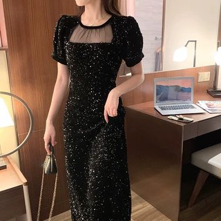 【银河颂】丝绒连衣裙女冬高级感泡泡袖法式长裙亮片小黑裙