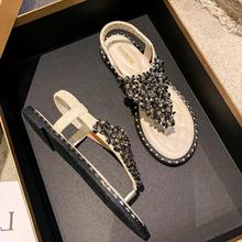 夹趾凉鞋女夏仙女风2025新款时装水钻淑女平底罗马鞋女大码女鞋子