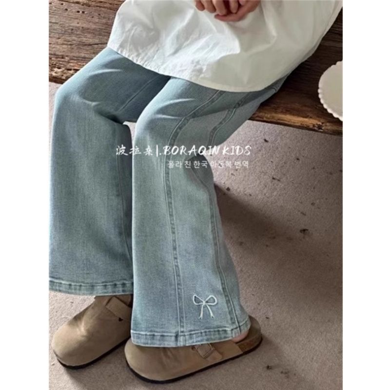 Girls' Jeans Korean Style Autumn Children's Pants for Outdoor Wear, Embroidered Flared Summer Wide-Leg Pants for Older Children