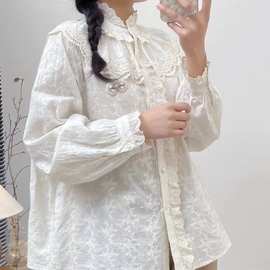 森系木耳立领拼荷叶花边提花棉衬衫女春新款减龄百搭小清新上衣女