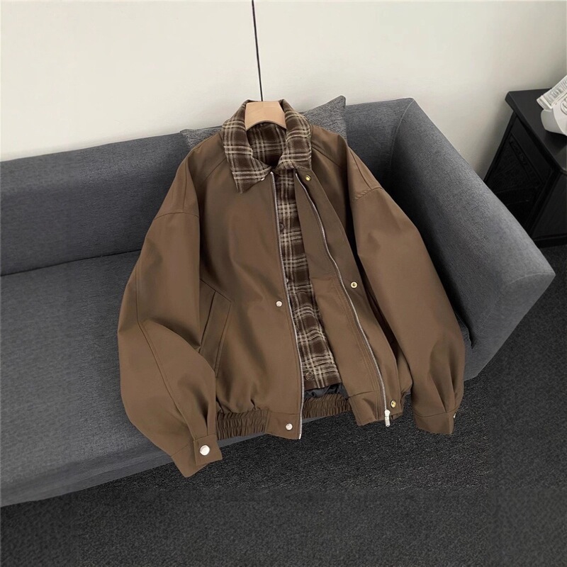 Vintage faux two-piece flight jacket for men, Maillard style, plaid patchwork baseball jacket, American casual brown coat