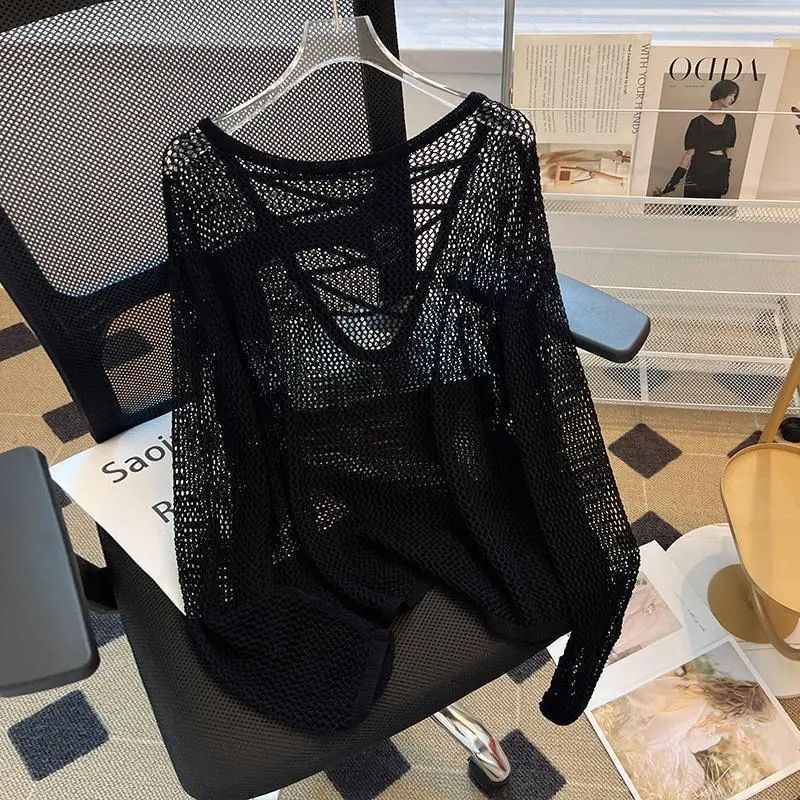 Striped knit sweater for women, thin style, new spring/summer mesh shirt, long-sleeved, loose, casual style, trendy hollow-out top