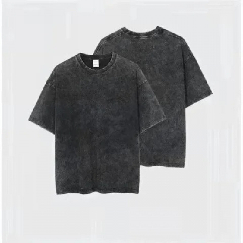 Camiseta de marca de moda vieja negra lavada verano 220g algodón peinado cuello trasero suelta básica cuello redondo camiseta de la calle principal