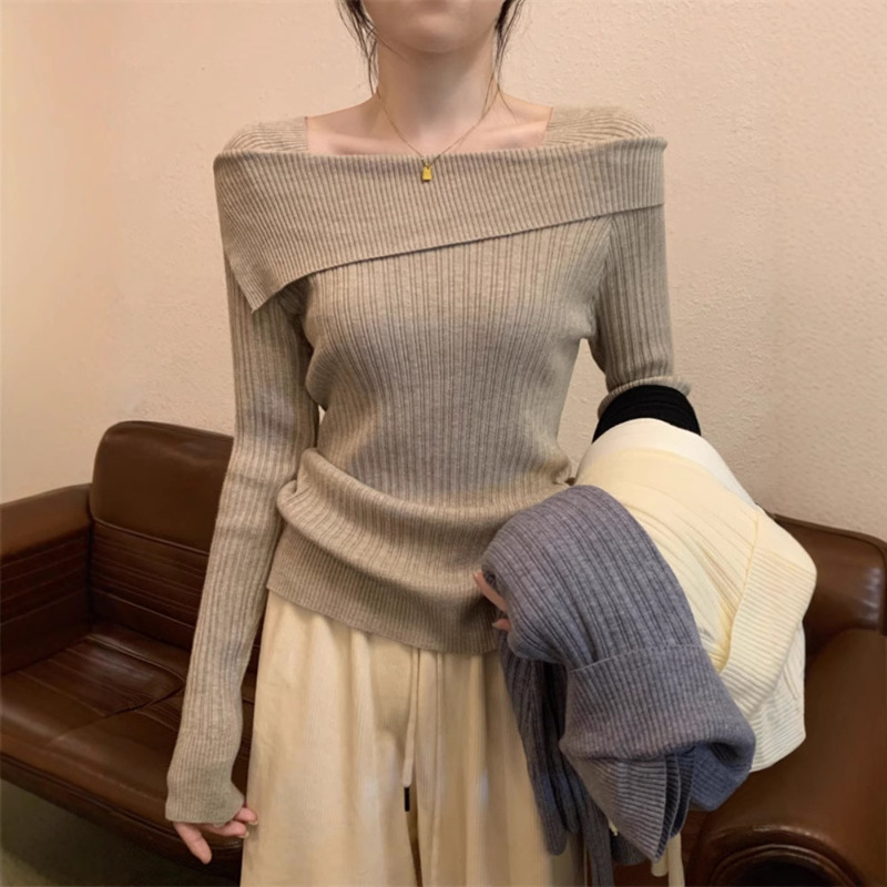 Women's Spring Autumn and Winter Irregular Shoulder Knitted Shirt with French High Waist and Long Sleeve Top Women's Spring Autumn and Winter Irregular Shoulder Knitted Shirt with French High Waist and Long Sleeve Top