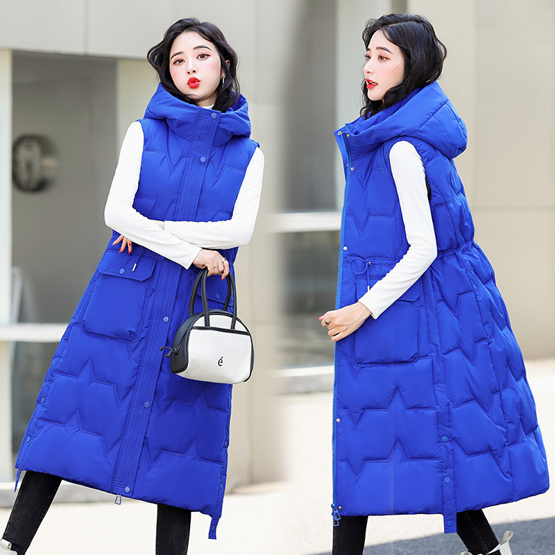 Cross-border plus size long over-the-knee down cotton vest thickened vest hooded autumn and winter sleeveless coat thickened vest for women