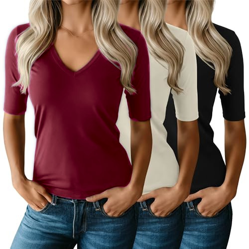 Ficerd Cross-Border Women's Short-Sleeve V-Neck T-Shirt, Mid-Elbow Long-Sleeve Shirt, Slim-Fit Long Top, Casual Summer T-Shirt Ficerd Cross-Border Women's Short-Sleeve V-Neck T-Shirt, Mid-Elbow Long-Sleeve Shirt, Slim-Fit Long Top, Casual Summer T-Shirt