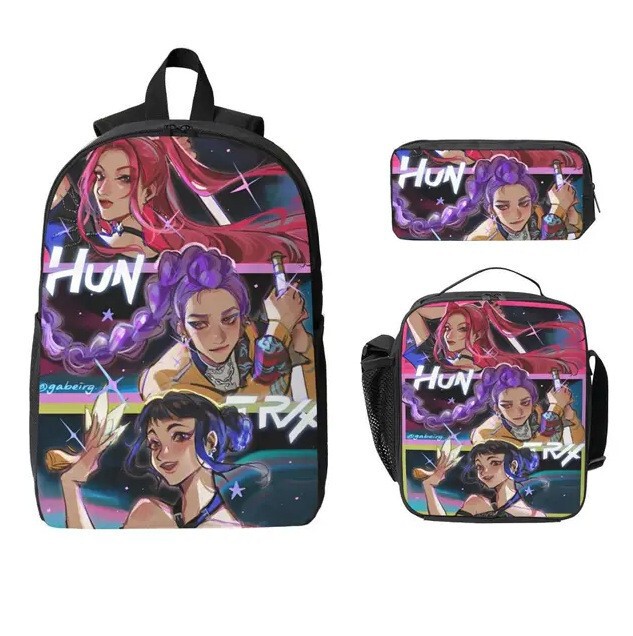 新品卡通印花猎魔女团学生书包K-POP双肩背包轻便休闲旅行三件套|undefined