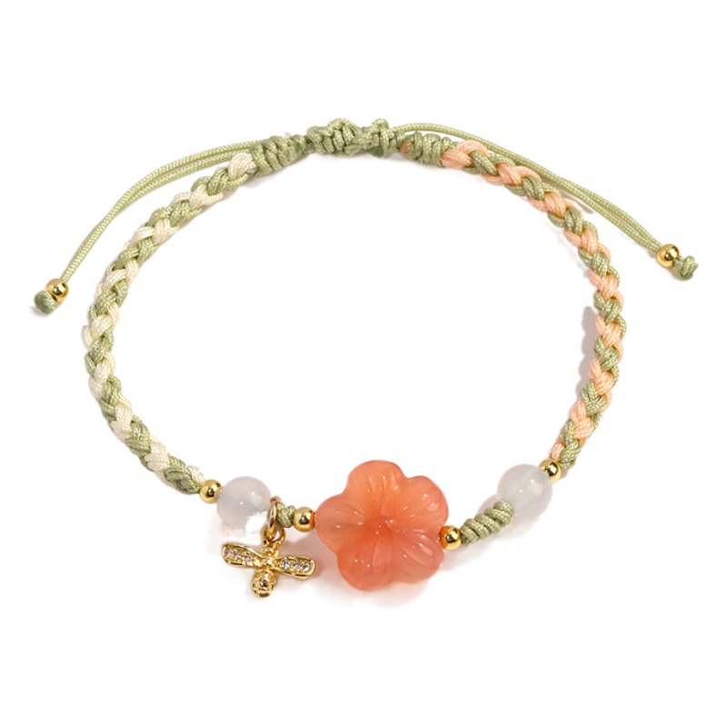 South red agate original design light luxury National style rich flower handmade woven bracelet small peach flower hand rope adjustable