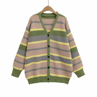 Cross-Border European and American Aliexpress Popular Colorful Striped Knitted Cardigan Jacket