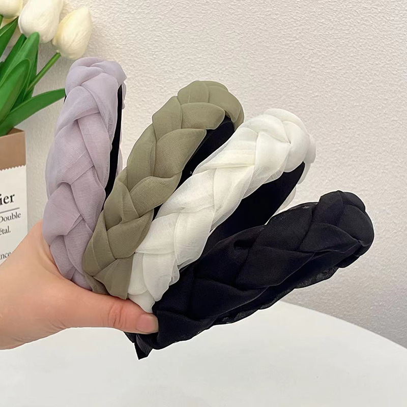 韓國東大門歐根紗純色麻花百搭頭箍少女法式復古網紗編織頭飾發箍