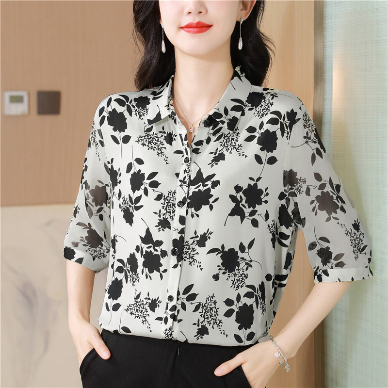Spring and Summer 2024 New Printed Mulberry Silk Women's Top Satin Small Shirt plus size High-end Women's Heavy-weight Silk-like Shirt