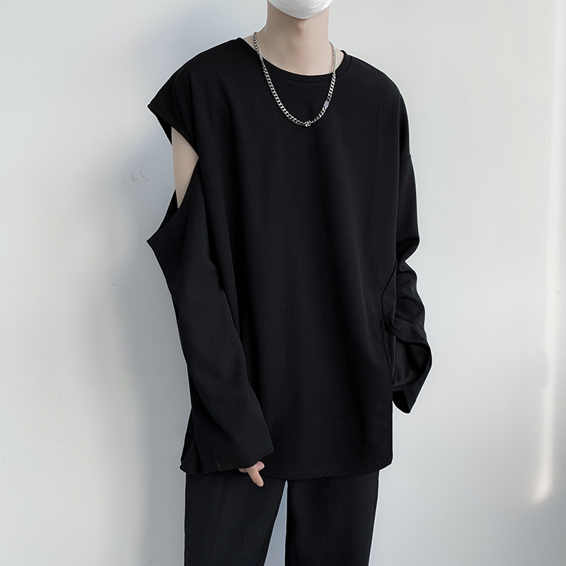 Minimalist Design Men's T-Shirt Ins Trendy Brand Off-Shoulder Irregular Slit Ripped Long-Sleeve Base Shirt
