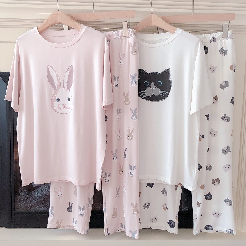 Japanese-Style Ice Cream Cartoon Cat and Rabbit Pajamas Summer Women's Short-Sleeve Long Pants Modal Casual Loose Loungewear