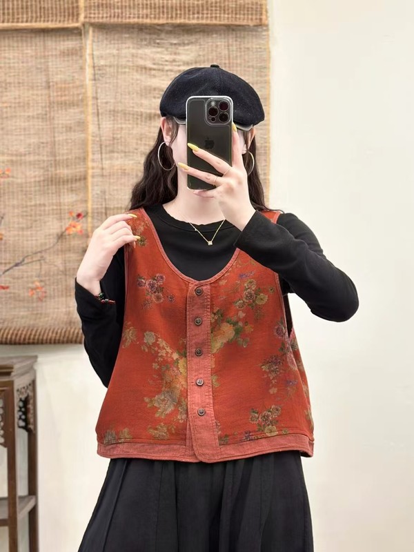 2025秋 文艺复古风斜纹复合印花U领小马甲百搭宽松无袖上衣坎肩女|undefined