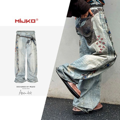 MIJKO メンズ・レディース兼用 多機能キーチェーン付き ハート3Dプリント柄 デニムパンツ 男女兼用 ストレートウォッシュ加工ロングパンツ