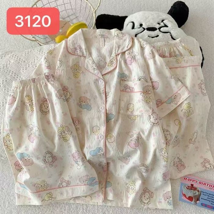 Comercio exterior nube transfronteriza algodón de tres piezas pantalones cortos de manga corta pantalones pijamas de verano ropa a domicilio rebeca de dibujos animados solapa