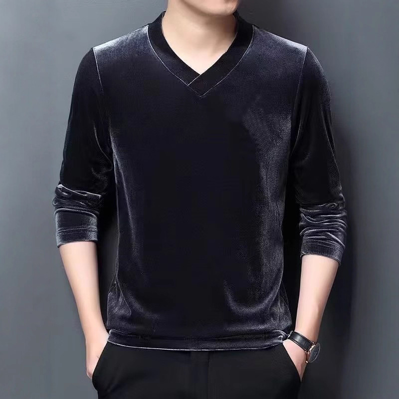 Velvet Thin Sweatshirt for Men, Autumn Korean Style Loose Top, Solid Color Base V-Neck Long Sleeve T-Shirt for Young and Middle-Aged Men