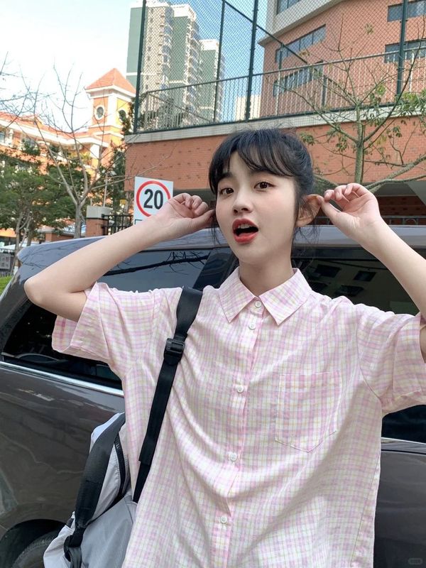 日系港风甜美粉色格子短袖衬衫男女夏季高级设计感小个子上衣外套|undefined