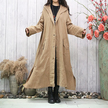 原创文艺洗水亚麻开衫秋季新款宽松大码连帽纯色百搭大摆长外套