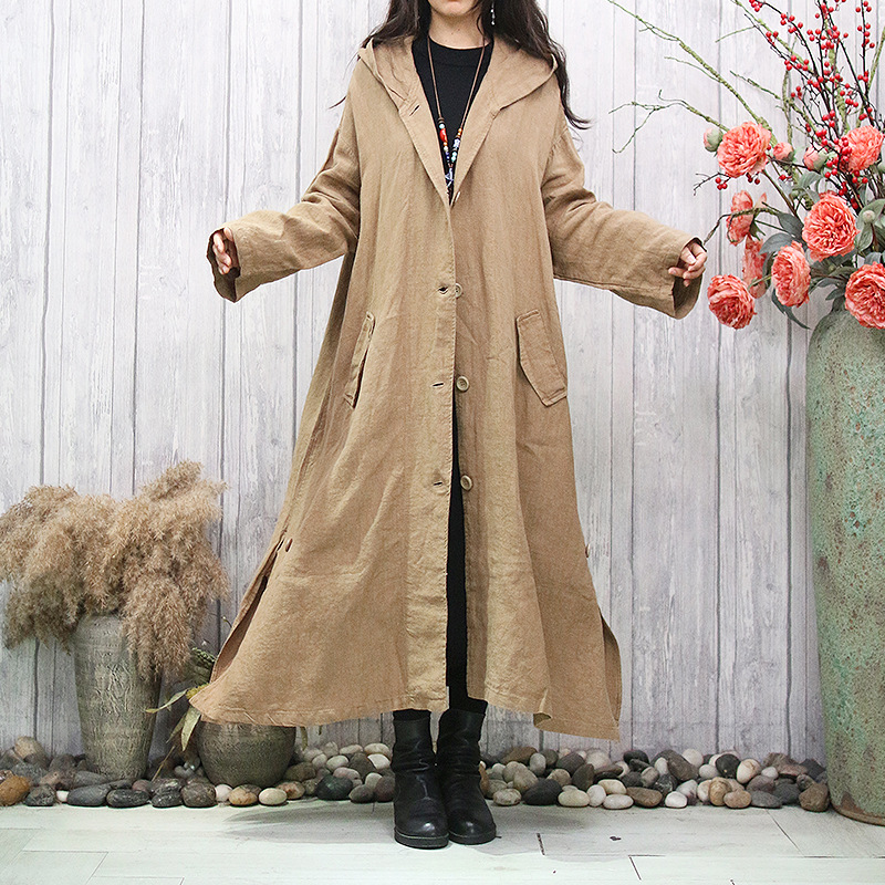 原创文艺洗水亚麻开衫秋季新款宽松大码连帽纯色百搭大摆长外套