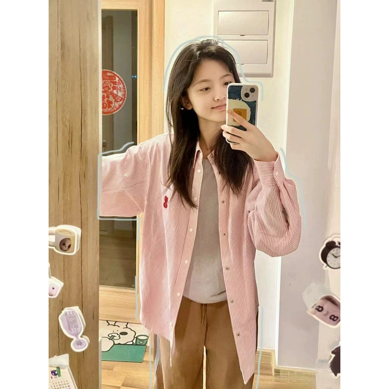 Корейская сладкая розовая полосатая рубашка женская весенне-осенняя тонкая куртка нишевые дизайнерские чувства топ с длинными рукавами рубашка