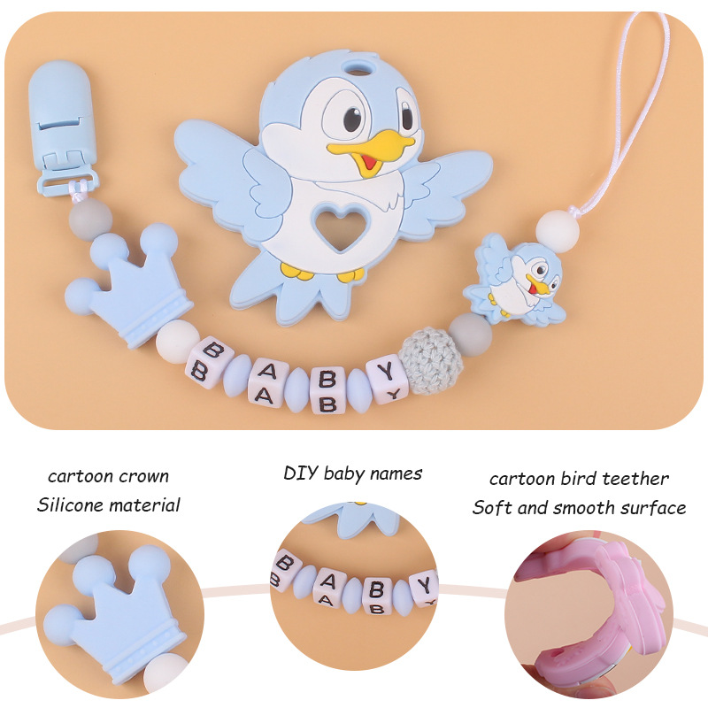 Nuevos suministros para bebés de dibujos animados animal pájaro mordedor calmante bebé chupete de silicona cadena teether traje de juguete