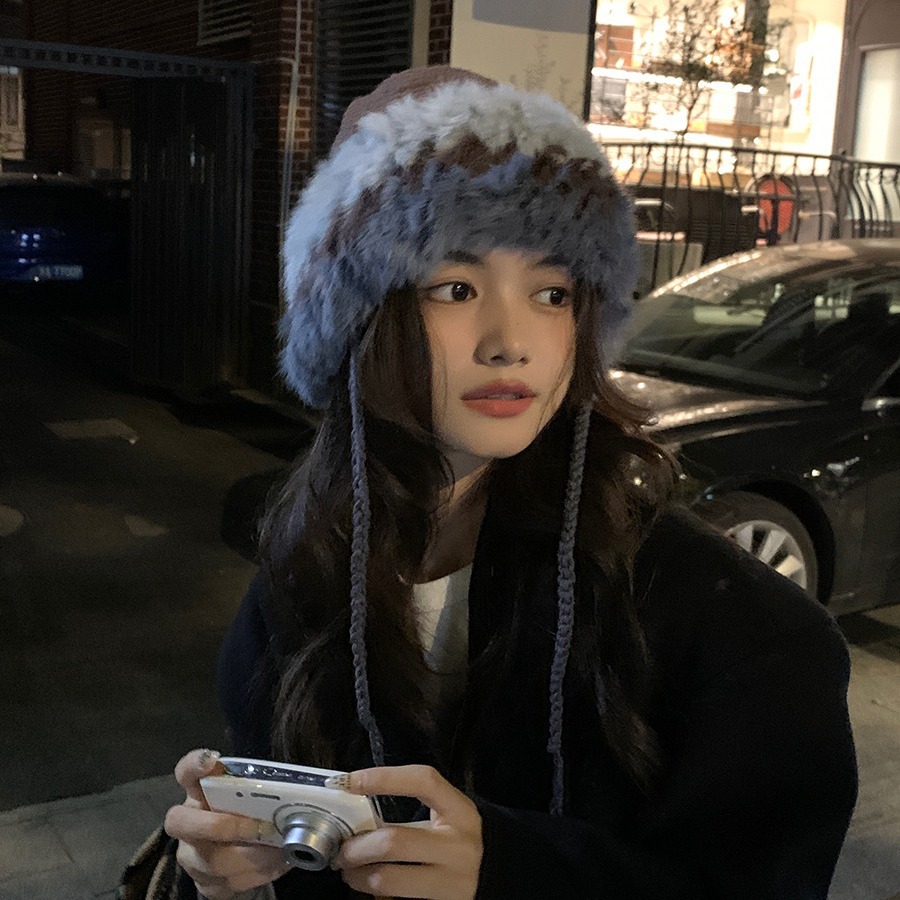 Congee Cocoa Rabbit Hair Knitted Women's Autumn and Winter Splice Warm Wool Cold proof Pullover Plush Ear Protection_voghion.com