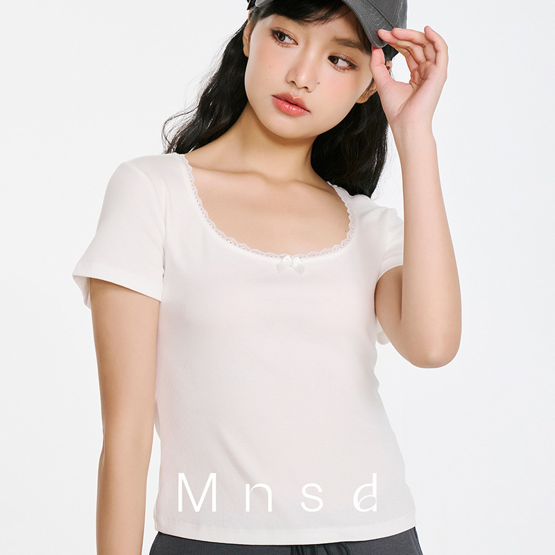 Meina Shudan 5099 Spring and Summer New Style French Round Neck Short-Sleeved Top with Lace Bow Stitching Slim Fit T-Shirt