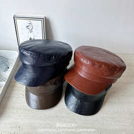 英伦风皮质平顶军帽子女春夏季气质2025新款百搭显脸小皮质鸭嘴帽