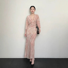 深圳南油女装春夏欧美宽松显瘦气质真丝印花绑带连衣裙礼服裙