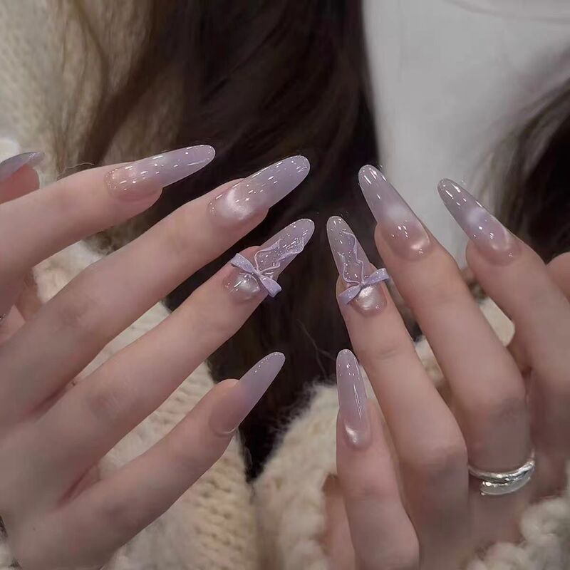 Handmade Purple Gradient Cat-Eye Three-Dimensional Bow Nail Pieces, High-End, Exquisite, Gentle and White Nail Art Handmade Purple Gradient Cat-Eye Three-Dimensional Bow Nail Pieces, High-End, Exquisite, Gentle and White Nail Art