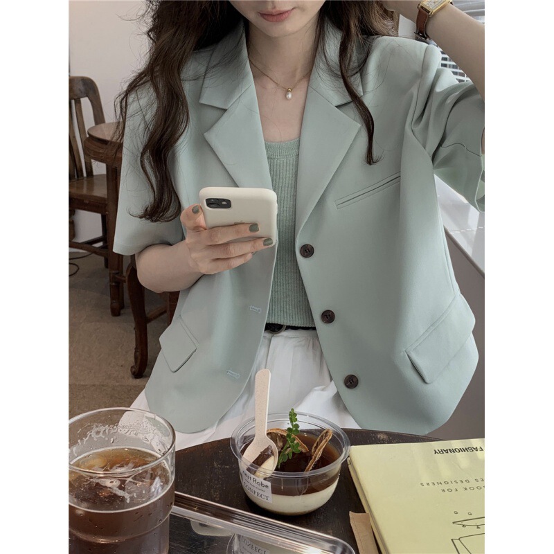 South Korea Short-sleeved Suit Jacket 2024 Summer Loose All-match Thin Design Niche Short Suit Top