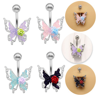 Gebei Europe and the United States cross-border puncture belly button ring fresh and sweet butterfly belly button ring rose navel nail belly ring