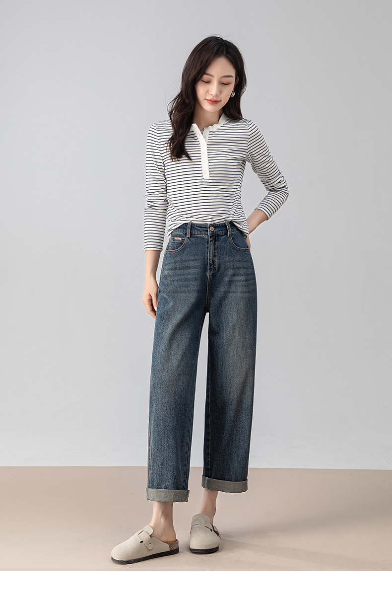 Quần jeans nữ cạp cao ống rộng dáng chuối — màu xanh chi tiết 28